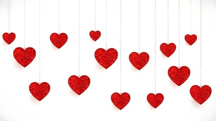 Red glitter hearts hanging from thin red strings on white background