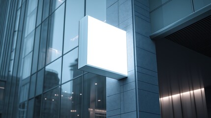 blank sign mockup hanging on the wall of modern building with white light inside