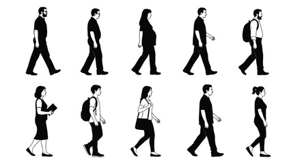 Walking people silhouette sequence representing motion step by step human movement and lifestyle activity