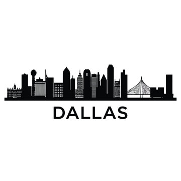 Dallas skyline silhouette with city name prominently displayed below the buildings