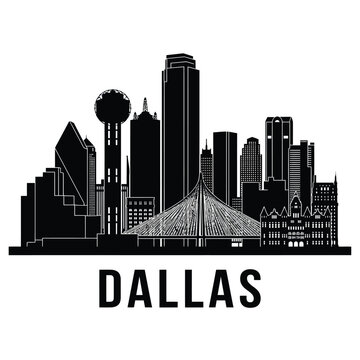 A striking black and white skyline illustration of the city of dallas