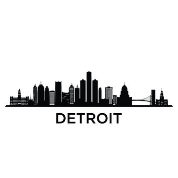 A striking black silhouette of the detroit skyline with its name