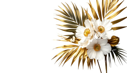 Close-up of elegant white flowers with yellow centers and gold foliage against black background