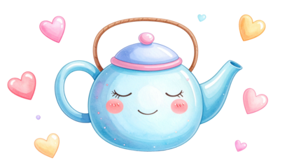 Cute blue teapot with closed eyes and blushing cheeks, surrounded by hearts