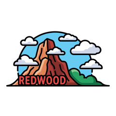 A cartoon mountain landscape with redwood text