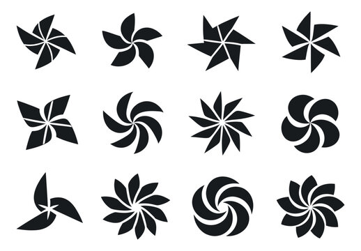 Abstract geometric shapes set featuring diverse pinwheel and propeller designs for branding