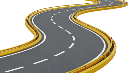 Curving Asphalt Road with Yellow Guardrail and White Lines