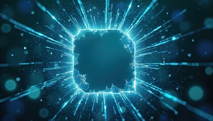 Fototapeta premium Abstract glowing broken screen with radiating light beams and particles on dark background. Digital art displays shattered effect with futuristic tech theme and blue turquoise colors.