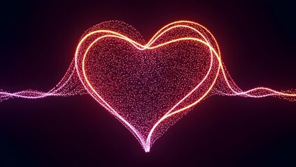 Vibrant heart shaped particle wave glowing brightly in darkness
