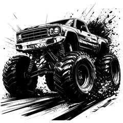 Vintage black retro monster truck vector illustration featuring an antique classic automobile and old motor vehicle drawing on a grunge background with white headlights