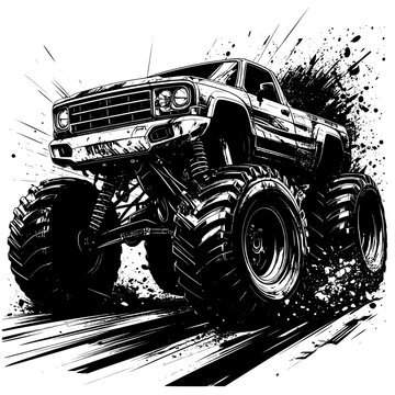 Vintage black retro monster truck vector illustration featuring an antique classic automobile and old motor vehicle drawing on a grunge background with white headlights