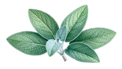 Detailed close-up of fresh sage leaves with texture and veins, on black background