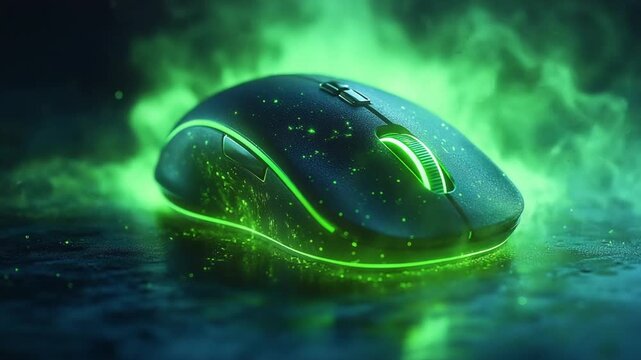 Gaming mouse emitting green light in dark setting