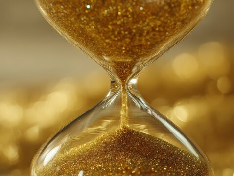 A close-up of a glittering hourglass filled with golden sand, symbolizing the passage of time and a sense of luxury.