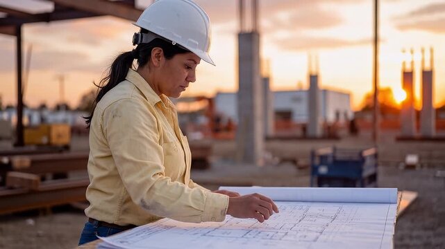 Female architect working on blueprints at a construction site during sunset, orbiting camera