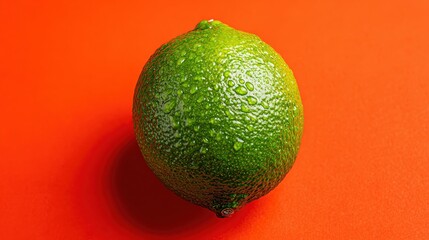 A vibrant green lime with water droplets resting on a bright orange surface, showcasing texture and color contrast.