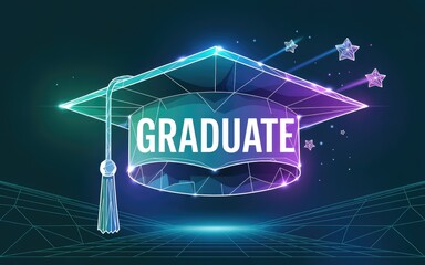 Neon graduation cap with graduate text and stars on dark background symbolizing achievement and success