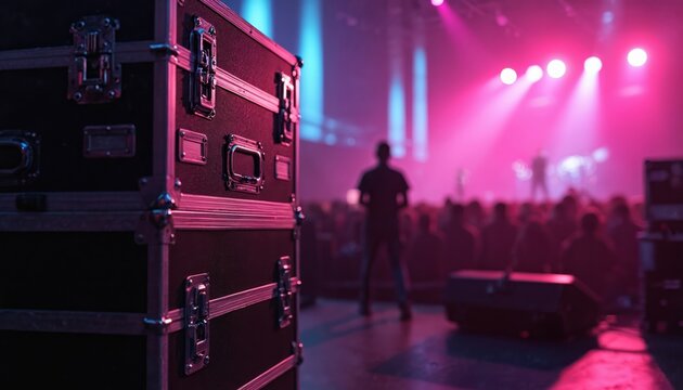 Large transport cases sit near concert stage. Crew member visible in background during musical performance. Audience watches show, pink and blue lights illuminate venue.