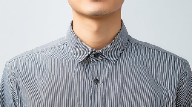 A close-up of a person wearing a striped shirt, focusing on the collar and neckline, with a neutral background emphasizing the attire.