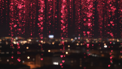 Vibrant Bokeh Rain of Shimmering Red and Magenta Hearts, Abstract Romantic Background with Defocused City Lights.
