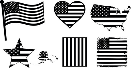 American flag icons collection with heart star map and stripes patriotic vector set for USA design and decoration