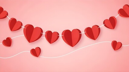Red paper hearts on a string against a pink background for Valentine's Day