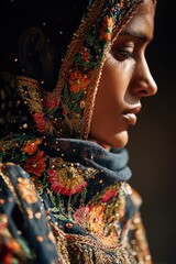 A close-up portrait of a woman wearing a sari or lehenga, highlighting intricate embroidery, vibrant colors, and fabric texture