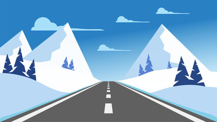 Obraz premium winter mountains cartoon landscape with road to horizon, first person view illustration, game vector background