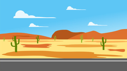 desert cartoon landscape with road to horizon, side view illustration, game vector background © MasterSergeant