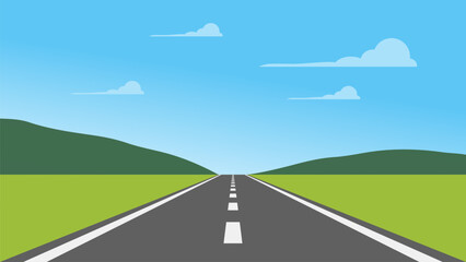 hills valley summer cartoon landscape with road to horizon, first person view illustration, game vector background © MasterSergeant