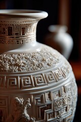 Classical Vase Detail with Geometric Patterns and Figurative Motifs
