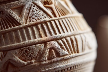 A detailed close-up of geometric patterns or human figures painted or carved on classical vases