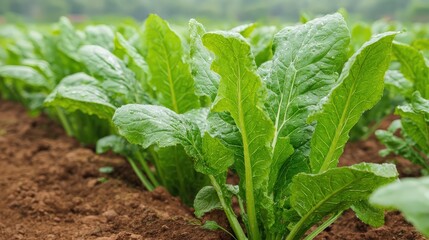 Fresh, vibrant green leaves of a crop growing in rich soil, showcasing the vitality of agricultural fields.