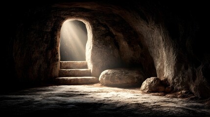 Obraz premium Empty Tomb Cave Entrance with Radiant Morning Light Symbolizing Resurrection Victory