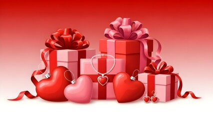 Valentine's Day gifts with red and pink hearts and jewelry on a red background