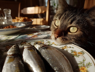 Thenhungry cat jumped into the kitchen table, intently looks at the crisp fish dish, wanting to steal and eat a fish, a cunning animal