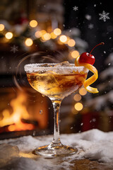 Elegant Christmas Cocktail with Cherry and Citrus Twist by Fireplace