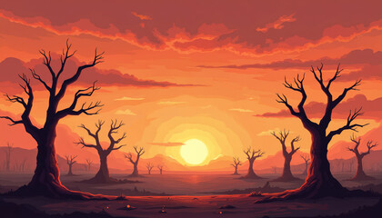 Barren trees stand on dry ground under a vibrant orange sky. The sun casts a warm glow over a desolate landscape. Dead wood branches reach towards the clouds. Post apocalyptic scene.