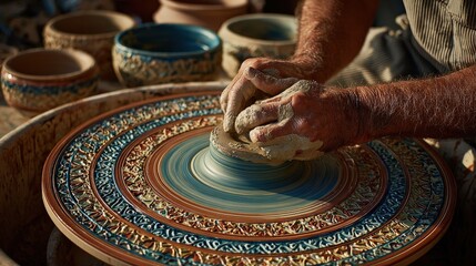 A potter shapes clay on a wheel, creating intricate designs. Surrounding pottery pieces showcase beautiful craftsmanship in a sunlit workspace.