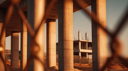 A construction site seen through a lattice fence, tall concrete columns rise beside an unfinished building now
