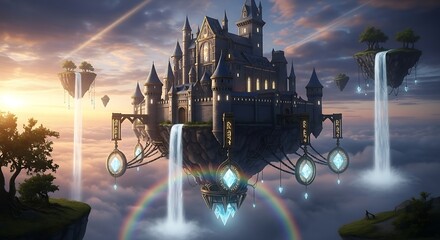 Majestic fantasy castle structure rests atop several floating landmasses above soft clouds at sunset