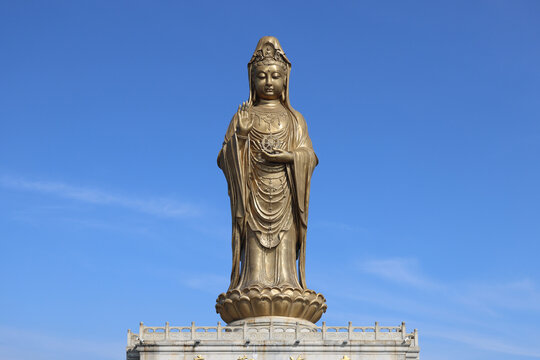 Nanhai Guanyin Statue on Mount Putuo under Blue Sky, Giant Buddhist Sculpture in Zhoushan, Zhejiang, China