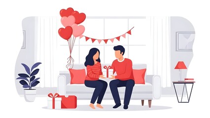 Couple exchanging gifts on a couch with heart balloons and decorations