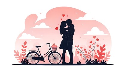 Couple embracing in a garden with a bicycle and heart-shaped flowers