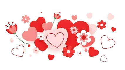 Red and pink hearts with flowers on a white background