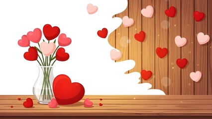 Vase with heart-shaped flowers on wooden table with hearts on wooden wall background
