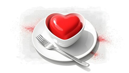 Red heart-shaped object in a white cup on a saucer with a fork