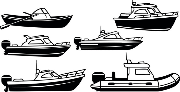 Various small boats vector collection with fishing and motorboats in simple black silhouette style for water transport design