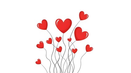 Cluster of red heart balloons on thin black strings against white background