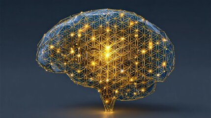 A glowing, geometric representation of a brain, showcasing intricate patterns and lights against a dark background, symbolizing intelligence and creativity.